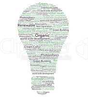 Various green words forming a light bulb