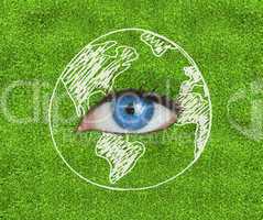 Blue eye surrounded by a drawing of the Earth