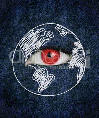 Red eye over blue texture surrounded by a drawing of the earth