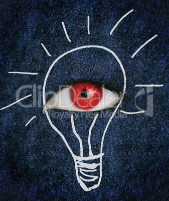 Red eye over blue texture surrounded by a drawing of a lightbulb