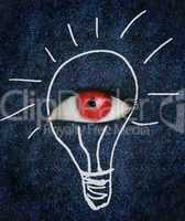 Red eye over blue texture surrounded by a drawing of a lightbulb