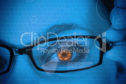 Woman with orange eye wearing glasses