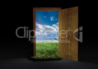 Opened door showing landscape of countryside