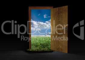 Opened door showing landscape of countryside