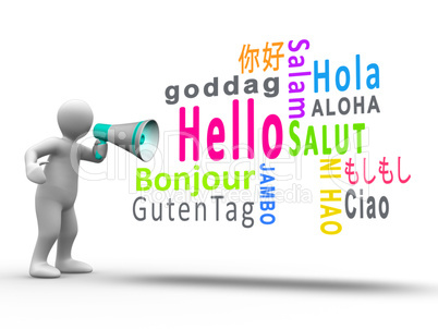 White figure revealing hello in different languages with a megap