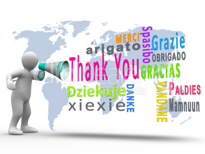 White figure revealing thank you in different languages with a m