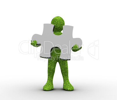 Green character holding a jigsaw piece