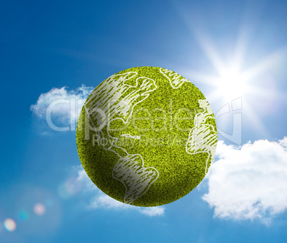 Green globe with map surface draw on floating in the sky