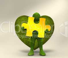 Green character holding a yellow jigsaw