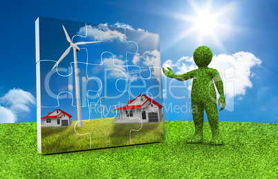 Green character presenting a jigsaw with houses and wind turbine