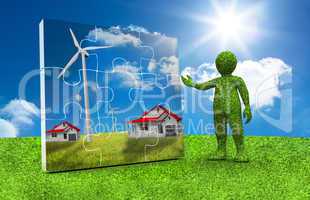 Green character presenting a jigsaw with houses and wind turbine