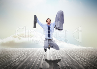 Stressed businessman jumping over wooden boards