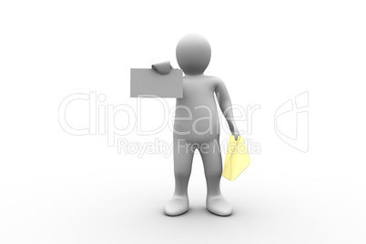 White figure holding a brown envelope and letter