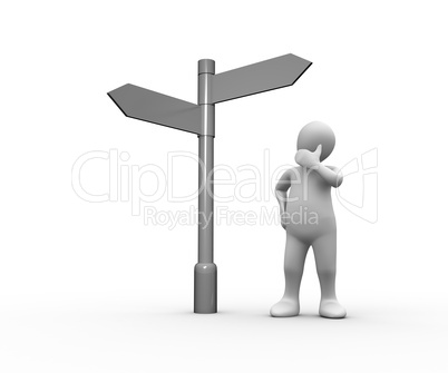 Confused white human representation looking at blank signpost