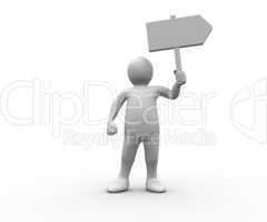 Human figure holding blank signpost