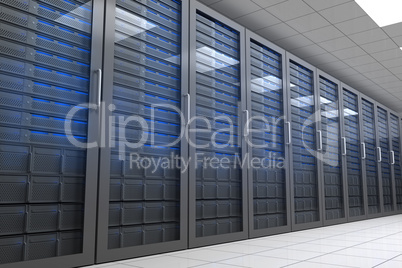 Hallway with row of tower servers
