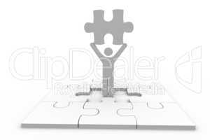 Human representation holding jigsaw piece over unfinished puzzle