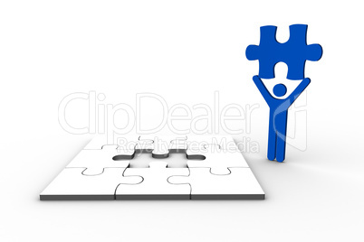 Blue human figure holding jigsaw piece