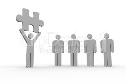 Human figure holding jigsaw piece next to line of human forms