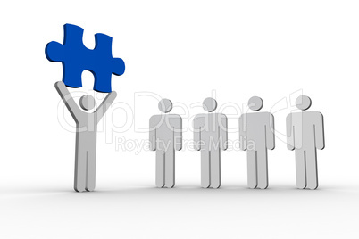 Human figure holding blue jigsaw piece next to line of human for