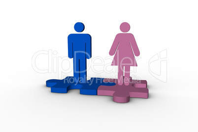 Blue and pink human figures over jigsaw pieces meshed together