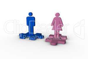 Blue and pink human figures over jigsaw pieces separated