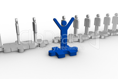 Blue human form over jigsaw piece raising arms