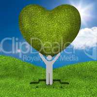 Human representation holding a big green heart