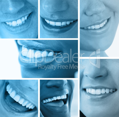 Collage of white smiles in blue tint