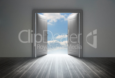 Doorway revealing bright blue sky