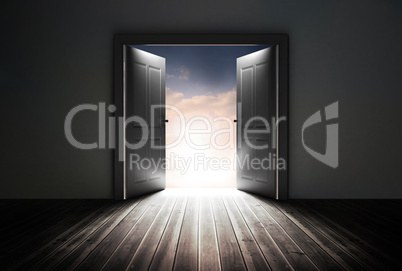 Doors opening to reveal beautiful sky