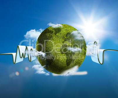Green and white waveform with green textured earth