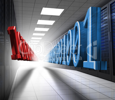 Blue and red binary code in data center