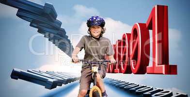 Little boy on a bike with binary code