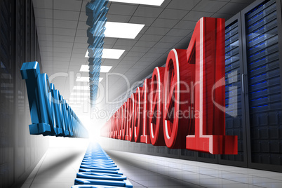 Blue and red binary code in data center hall
