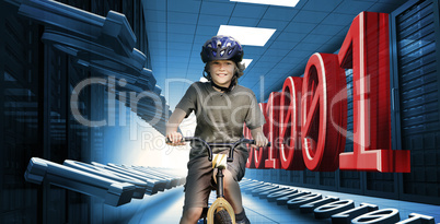 Child on bike in data center with binary code