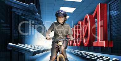 Child on bike in data center with binary code