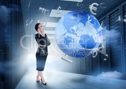 Businesswoman standing in data center with earth and currency gr