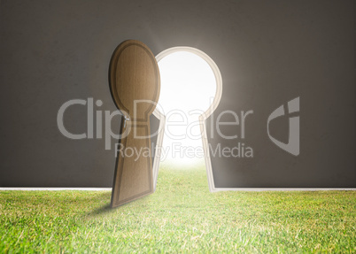 Doorway opening to bright light with grass