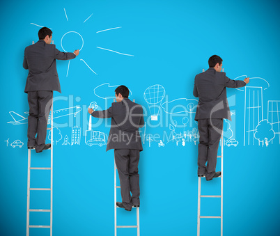 Multiple image of businessman drawing a city