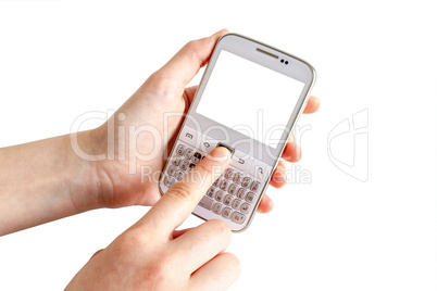 Hands holding white smart phone