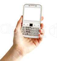 Hand holding white smart phone