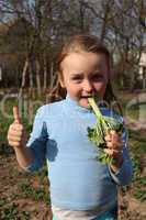 little girl chewing young sprout of a rhubard