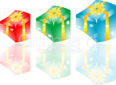 Gift box set with yellow ribbon on white background