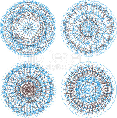 Ornamental round floral pattern. Set of four colorful ornament