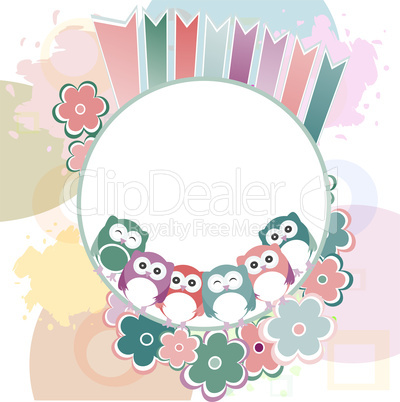 Seamless retro flowers and owl kids illustration background pattern