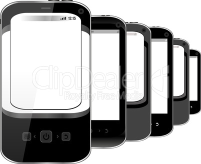 Photo-realistic illustration of different smart phones with copyspace on the screen - isolated