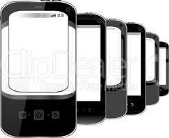 Photo-realistic illustration of different smart phones with copyspace on the screen - isolated