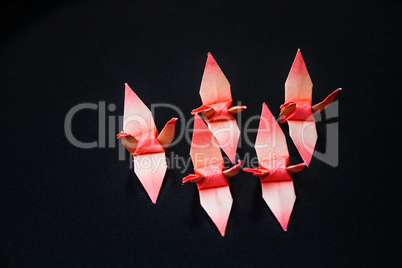 A group of orange paper birds on dark background