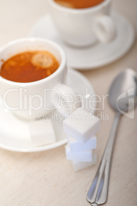 Italian espresso coffee and sugar cubes